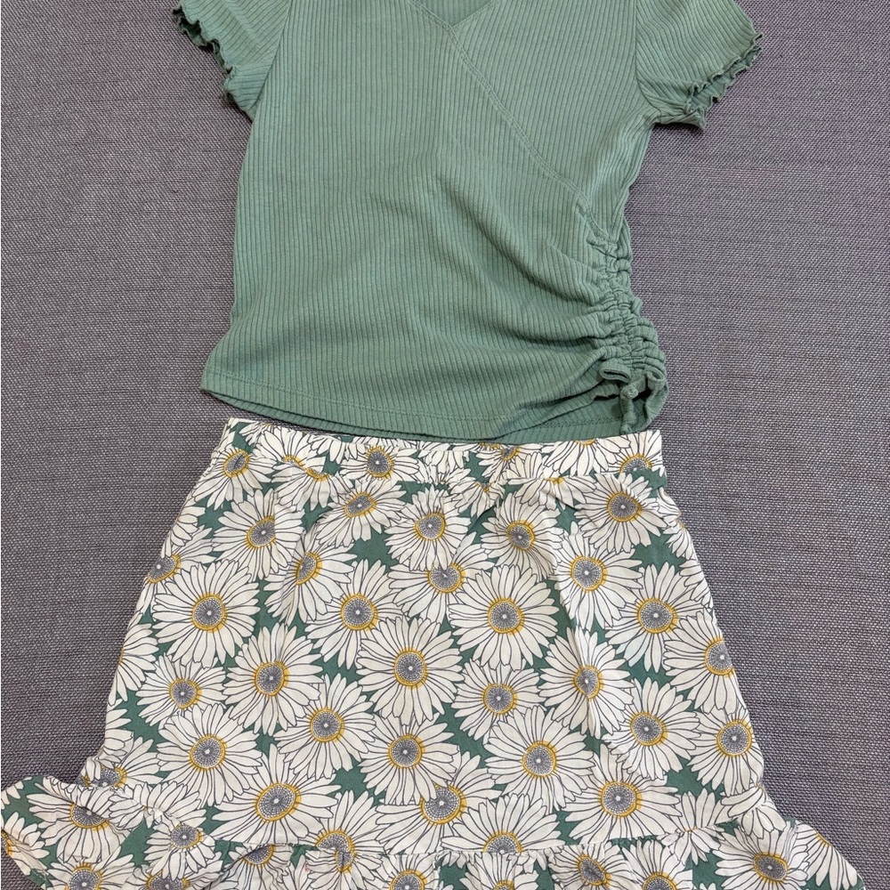 Green Ruched Top and Floral Skirt Set
